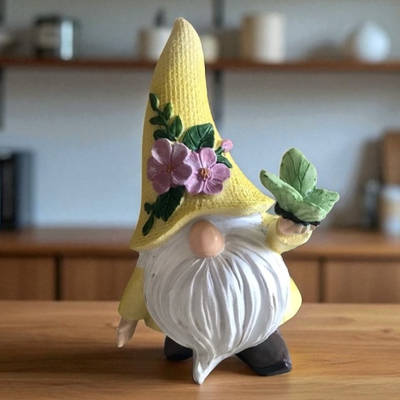 Other - Whimsical Gnome Statue Yellow Hat Pink Flowers & Butterfly Resin 5" In /Outdoor